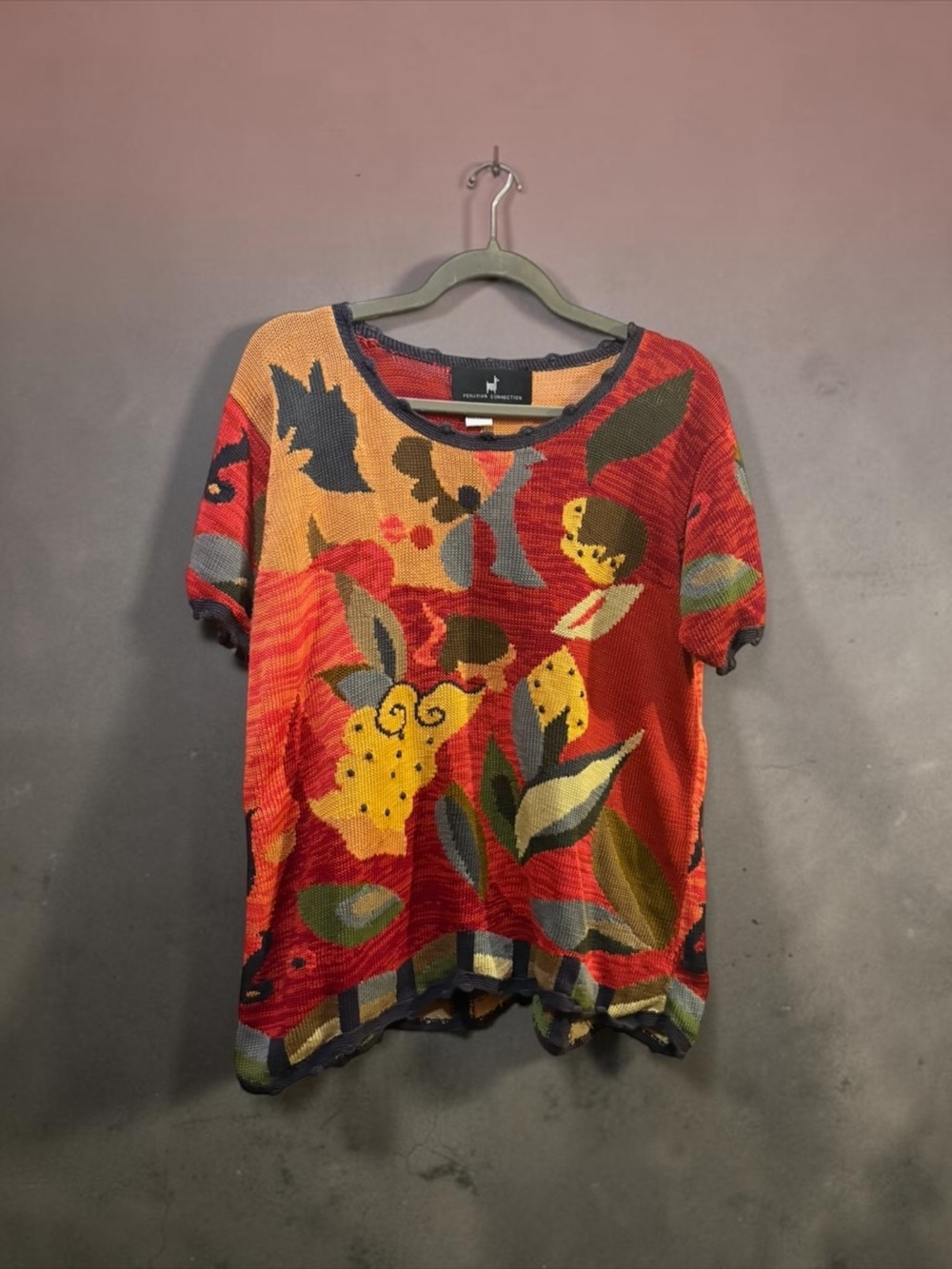 Peruvian Connection Pima cotton art knit floral graphic tunic sweater medium